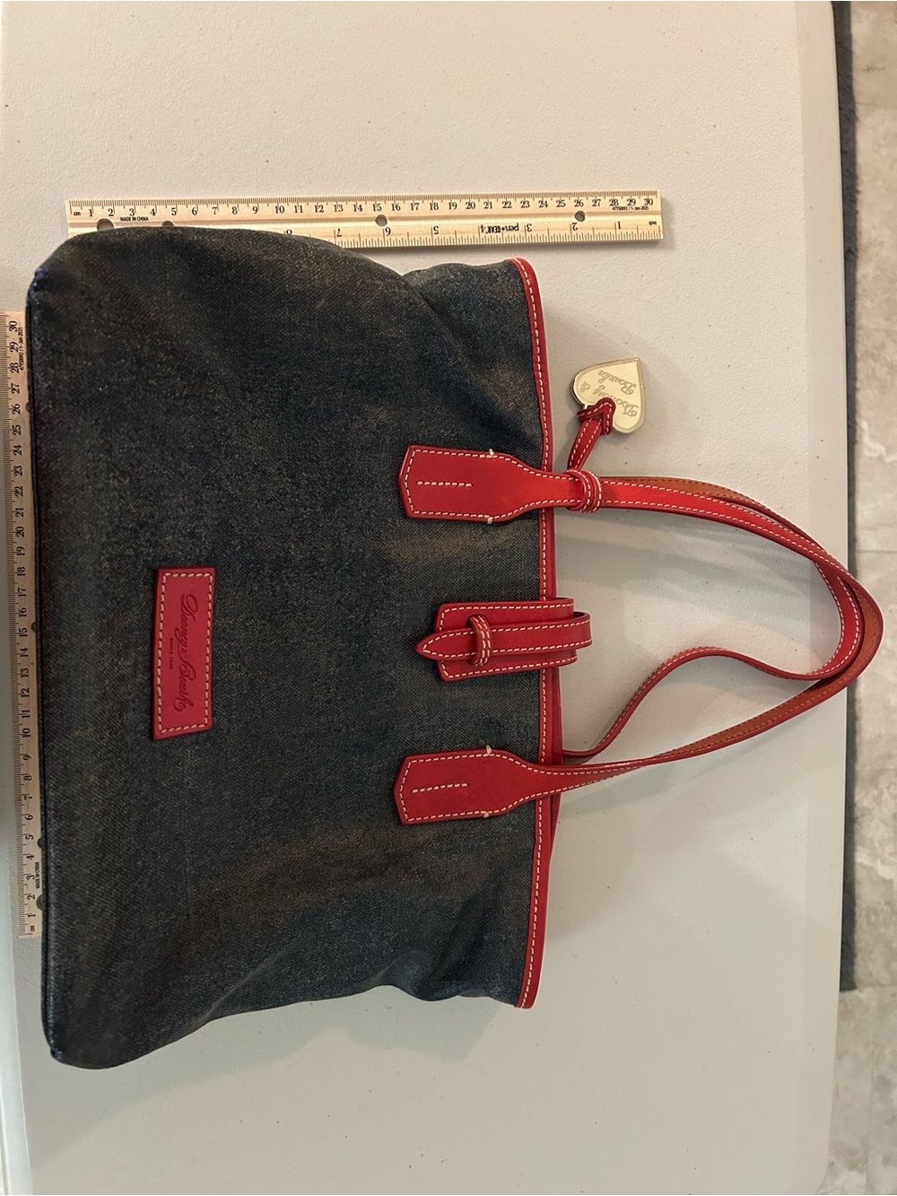 Dooney & Bourke Black Denim Tote with Red Leather Accents